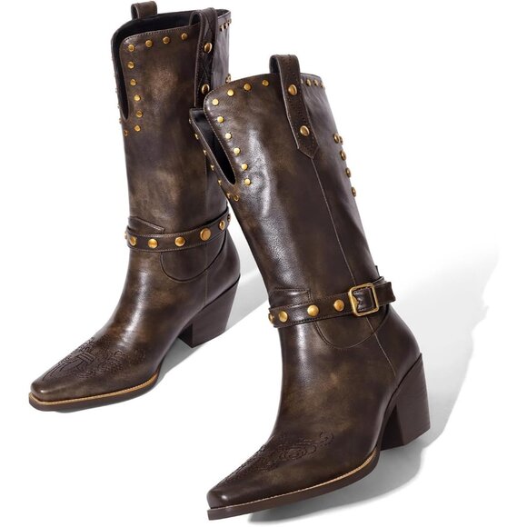 Womens Brown Faux Leather Mid Calf Square Toe Block Chunky Heel Studded Boots - Picture 2 of 8